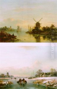 A Summer Landscape With Sailing Vessels By A Mill by Lodewijk Johannes Kleijn