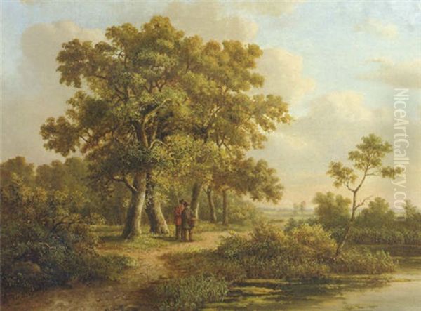 A Wooded Landscape With Travellers Along A Waterway - view 1