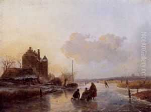 Winterlandschaft Mit Schlittschuhlaufern Bei Dammerung