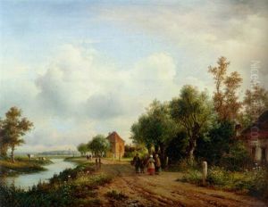 Peasants Conversing On A Sandy Trail Along A Waterway, A Town In The Distance