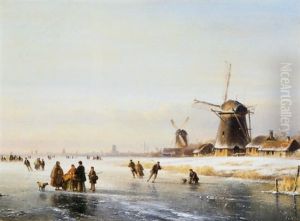 Winterlandschap Met Rechts Een Molen