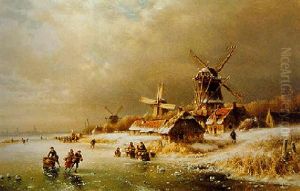 A Winter Landscape With Skaters Near A Mill by Lodewijk Johannes Kleijn
