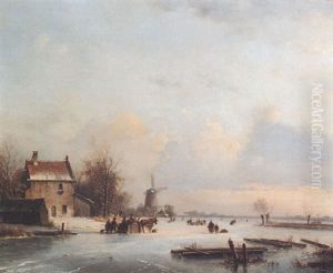 Skaters And Figures With A Horse And Sled On A Frozen River