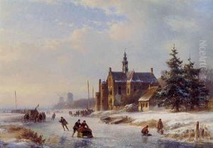 Skaters On A Frozen River By A Mansion, Koek En Zopie Booths Beyond by Lodewijk Johannes Kleijn