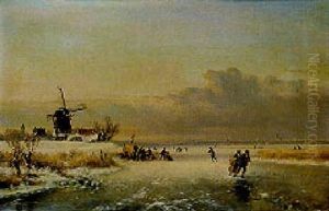 Winter: Skaters On Frozen Waterway Along A Wind-mill by Lodewijk Johannes Kleijn