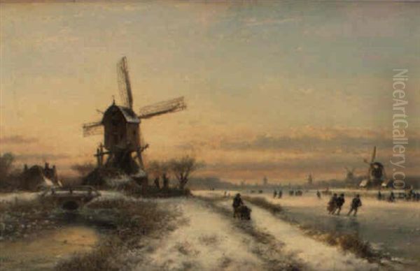 Skaters On A Frozen Canal Before Windmills - view 1