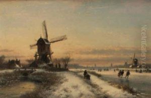 Skaters On A Frozen Canal Before Windmills by Lodewijk Johannes Kleijn