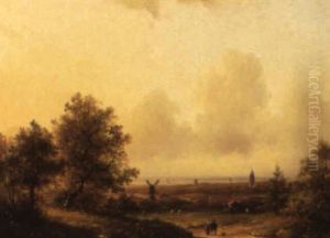 An Extensive Summer Landscape With Figures And Cattle In The Dunes
