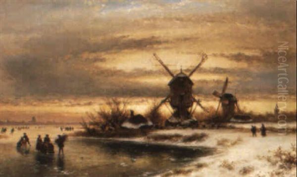 A Winter Landscape With Mills And Skaters With Sledges On Frozen Water - view 1