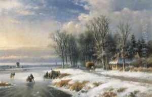 A Wooded Winter Landscape With Several Skaters And A Koek En Zopie by Lodewijk Johannes Kleijn