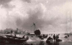 Frozen River Estuary With Faggot Gatherers And Skaters On Ice by Lodewijk Johannes Kleijn