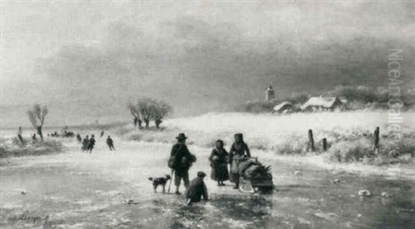 Winter Landscape With Figures Conversing On A Frozen River - view 1