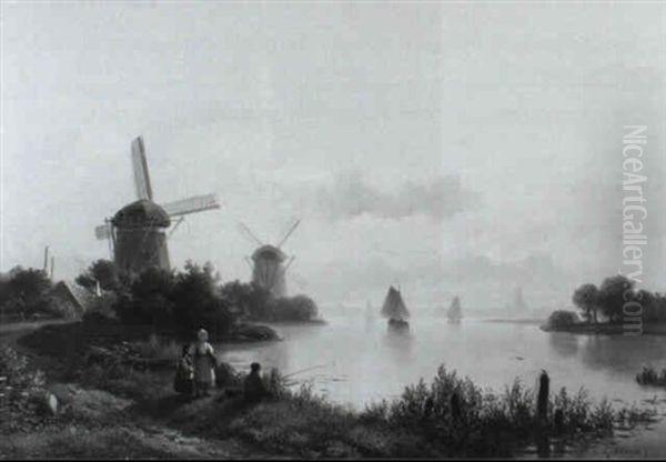River Landscape With Anglers By A Mill - view 1