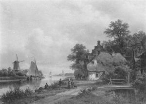 A Wooded Riverlandscape With Figures Conversing And A Boat On A Canal With A Windmill Beyond A Wooded Riverlandscape With Figures Conversing And A Boat On A Canal With A Windmill Beyond