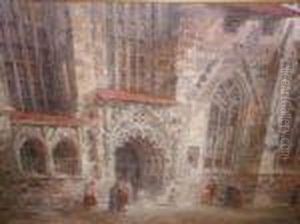 Large Architectural Study Of A Gothic Church Exterior, Withwedding Party Emerging To Foreground by Wyke Bayliss