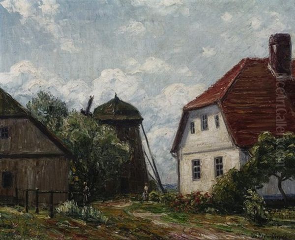 Sommeridylle. Blick Auf Den Bauerngarten Eines Hofes Mit Windmuhle - view 1
