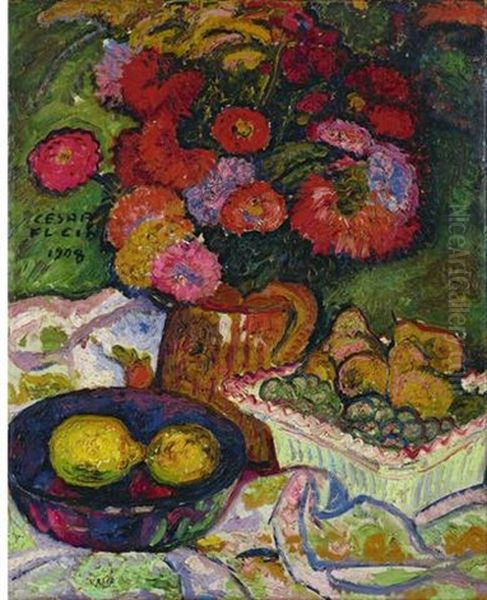 Stilleben Mit Blumenvase Und Obstschalen - view 1