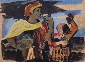 Mythological Scene. A Warrior And A Young Girl With Grapes by Cesar Klein