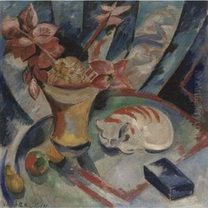 Still Life With Flowers And Cat