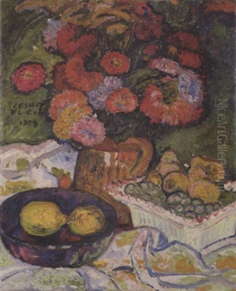 Stilleben Mit Blumenvase Und Obstschalen - view 1