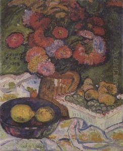 Stilleben Mit Blumenvase Und Obstschalen