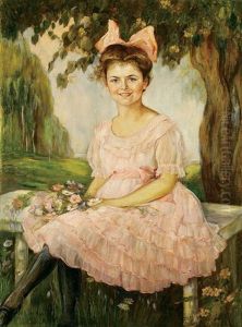 Portrait Of A Young Girl In Pink Dress Holding Flowers by Friedrich Emil Klein