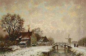 Winterlandschaft Mit Hausern Und Windmuhle Am Bach by Hugo Klein