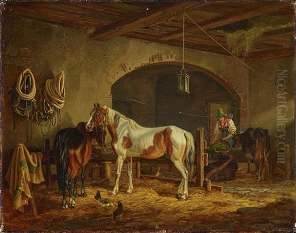 A Brown And A Piebald Horse In The Shed - view 1