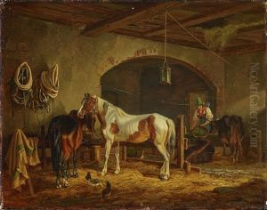 A Brown And A Piebald Horse In The Shed