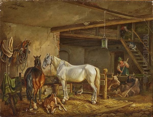 A Brown Horse With Foal And A Grey Horse In The Stable - view 1