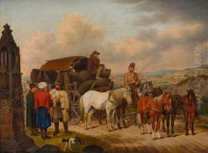 Halt Eines Siebenspannigen Walachischen Frachtwagens Bei Einem Bildstock by Johann Adam Klein