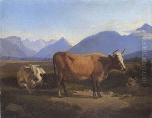 Drei Kuhe In Oberbayerischer Landschaft by Johann Adam Klein