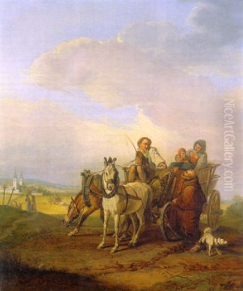 Bauerliche Familie Mit Pferdewagen Nimmt Einen Monch Zur Weiterfahrt Mit - view 1