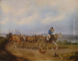 Postillion Mit Seinen Vier Pferden Auf Dem Heimweg, Im Hintergrund Die Silhouette Von Munchen by Johann Adam Klein