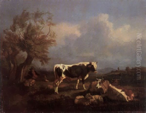 Hirte Mit Hund, Kuhen Und Schafen Vor Hugellandschaft Mit Einer Burg In Der Ferne - view 1