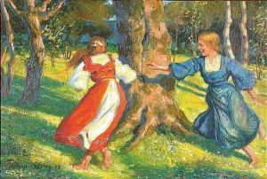 Zwei Spielende Madchen In Sommerlicher Landschaft by Philipp Klein