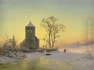 Abendliche Winterlandschaft Mit Romanischer Kirche
