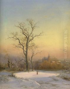 Winterlandschaft Bei Sonnenaufgang, Im Hintergrund Eine Gotische Dorfkirche by Wilhelm Klein