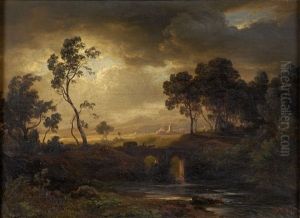Fluslandschaft Mit Reiter, Im Hintergrund Stadtansicht