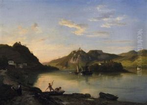 Abendstimmung Vor Der Insel Nonnenwerth Am Rhein. Am Wasser Fischerjungen In Ihren Booten