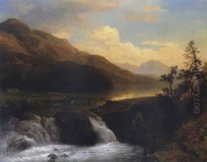 Berglandschaft Mit Einem Wasserfall Und Figurlicher Staffage