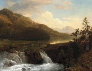 A Mountainous Lake Landscape With A Waterfall In The Foreground
