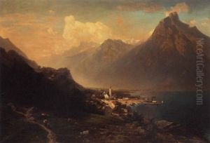 A Mountainous Lake Landscape With A Waterfall In The Foreground