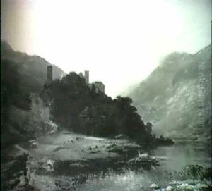 Gebirgslandschaft Mit Burg Und Fluss