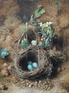 Still-life With Birds Nest And Eggs, Amongst Flowers And Foliage by Frederick Thomas Baynes