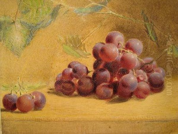 A Still Life Of Red Grapes And Vine Leaves On A Ledge - view 1