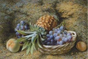 A Pineapple And Grapes In A Basket With Peaches On A Mossybank by Frederick Thomas Baynes