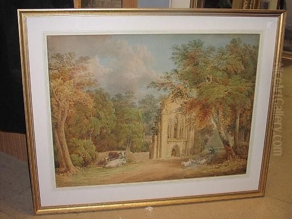 Abbey Ruins With A Shepherd And His Flock Of Sheep - view 1