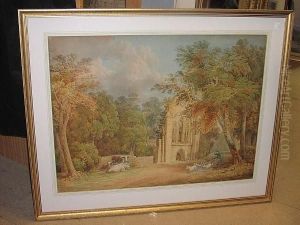 Abbey Ruins With A Shepherd And His Flock Of Sheep