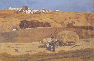 Osterreichische Landschaft Mit Bauern Bei Der Ernte by Oskar Von Kleiner